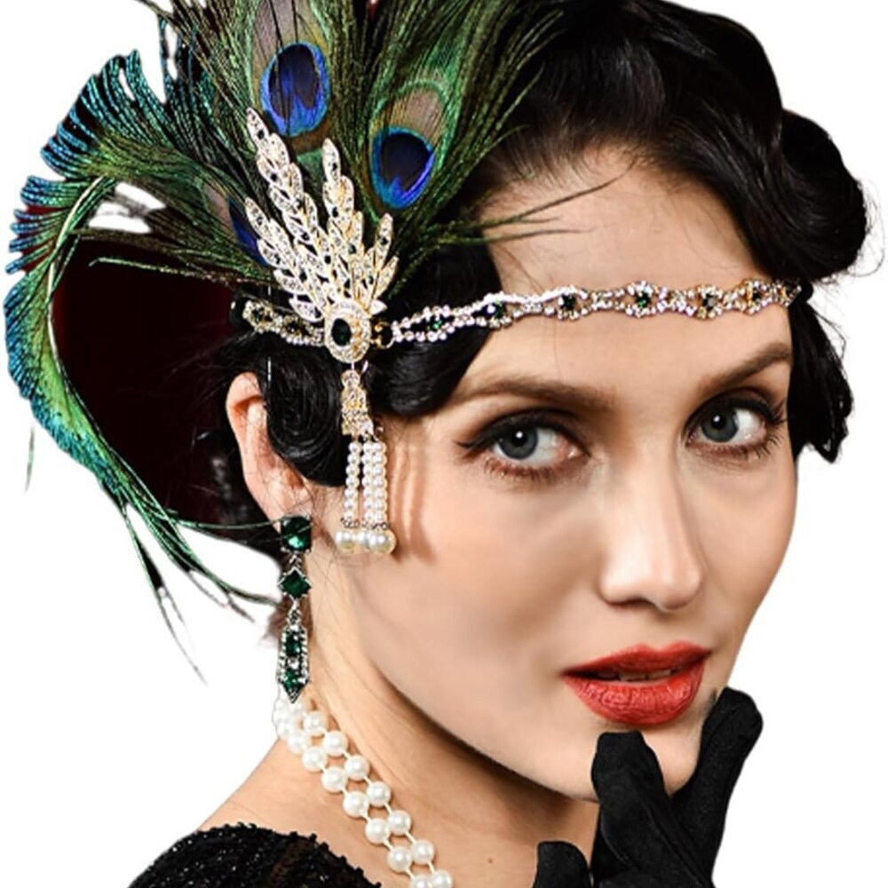 Flapper Headband Feather Rhinestone Green Vintage 1920s Gatsby Accessories